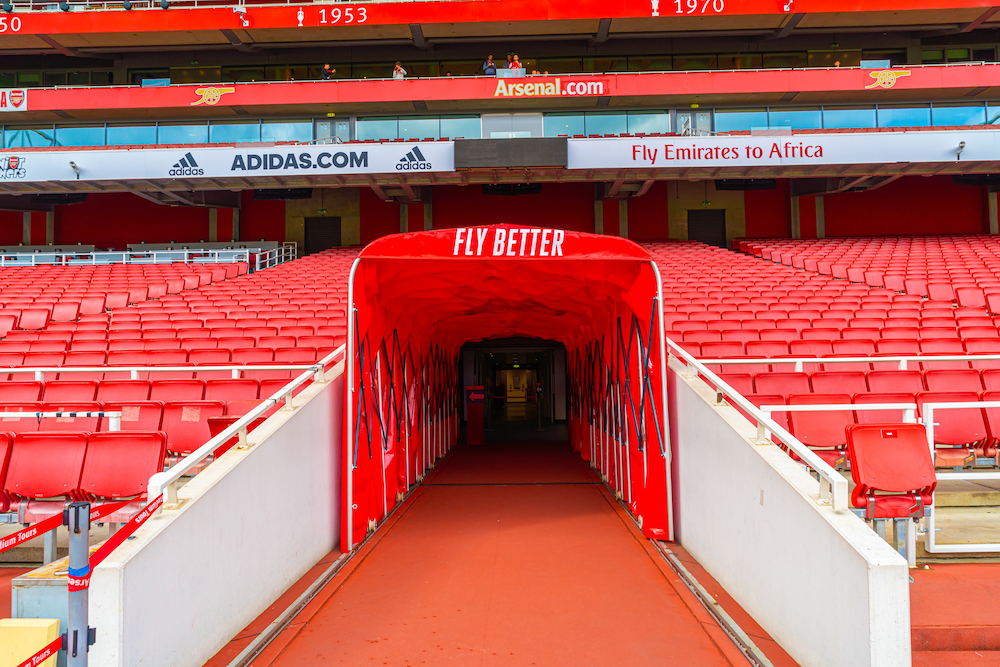 London, United Kingdom - AUG 31,2019: A picture of empty Emirates Stadium during weekend which open for tourist to visit. Its a home for Arsenal Football Club.